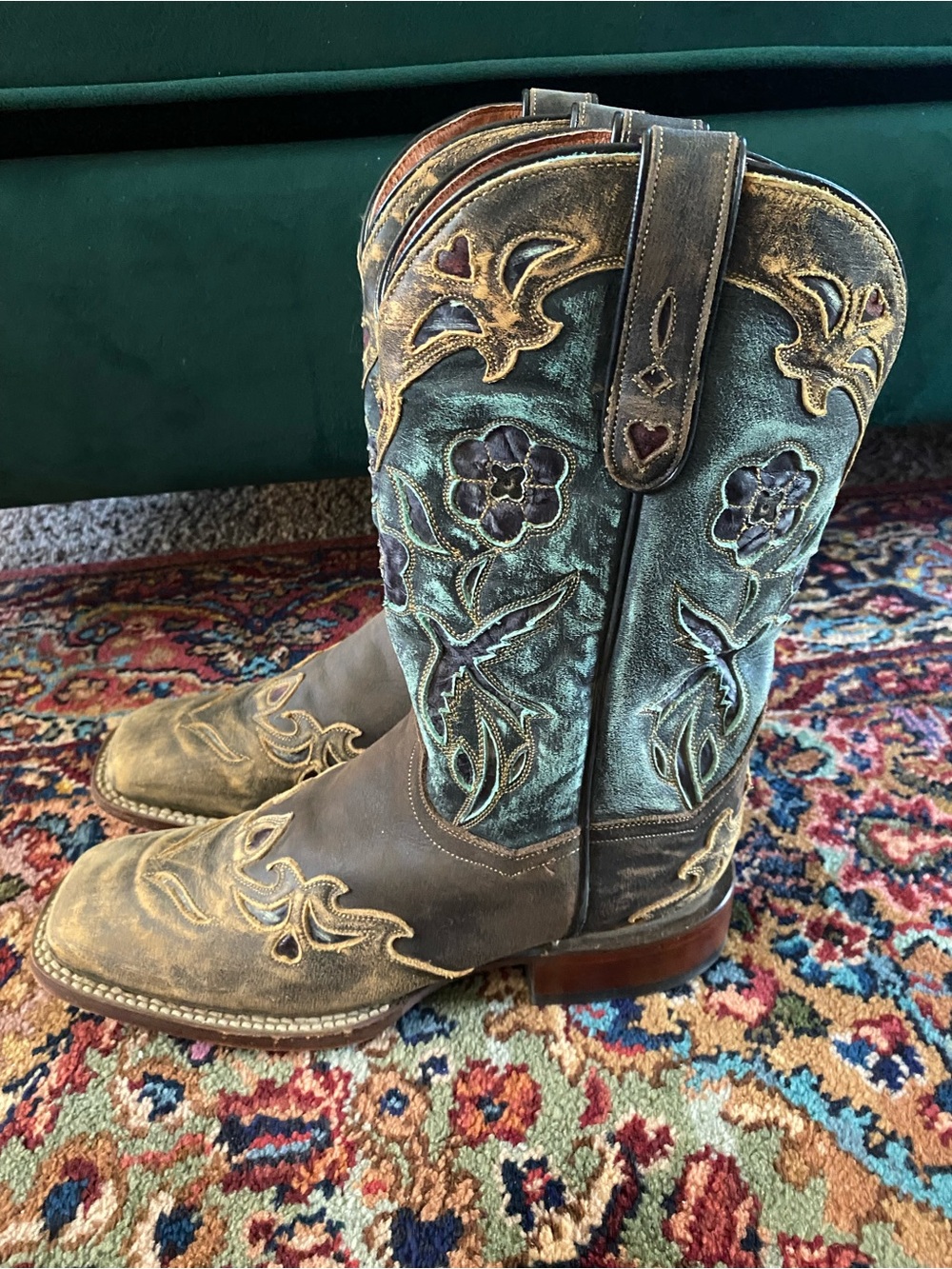 Dan Post Bluebird Brown Leather Cowboy Boots with Teal Trim